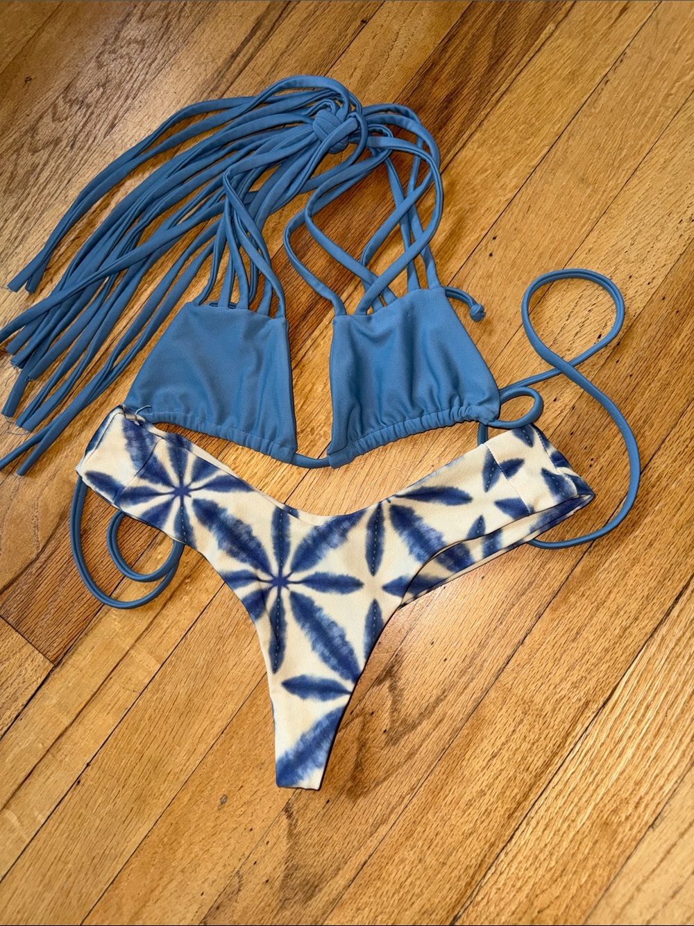 Stone Fox Swim Blue Fringe Triangle Bikini with Tie-Dye Bottom